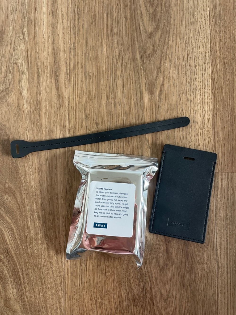 Away Black Leather Luggage Tag with Strap and Scuff Spone